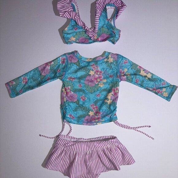 GIRLS RUFFLE BUTTS SWIM SET - 3 PIECES - TOP, BOTTOM, RASH GUARD - 18-24 M - Picture 1 of 11